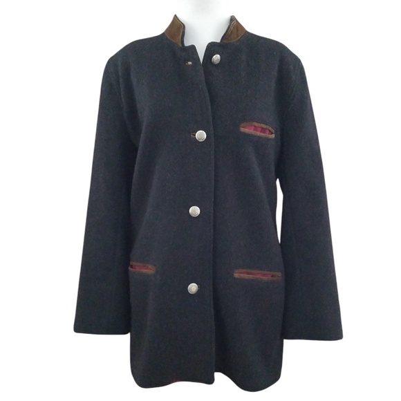 J. Peterman Women's Vintage Black Lined Leather Trim Wool Coat‎ Size Small - Picture 1 of 11